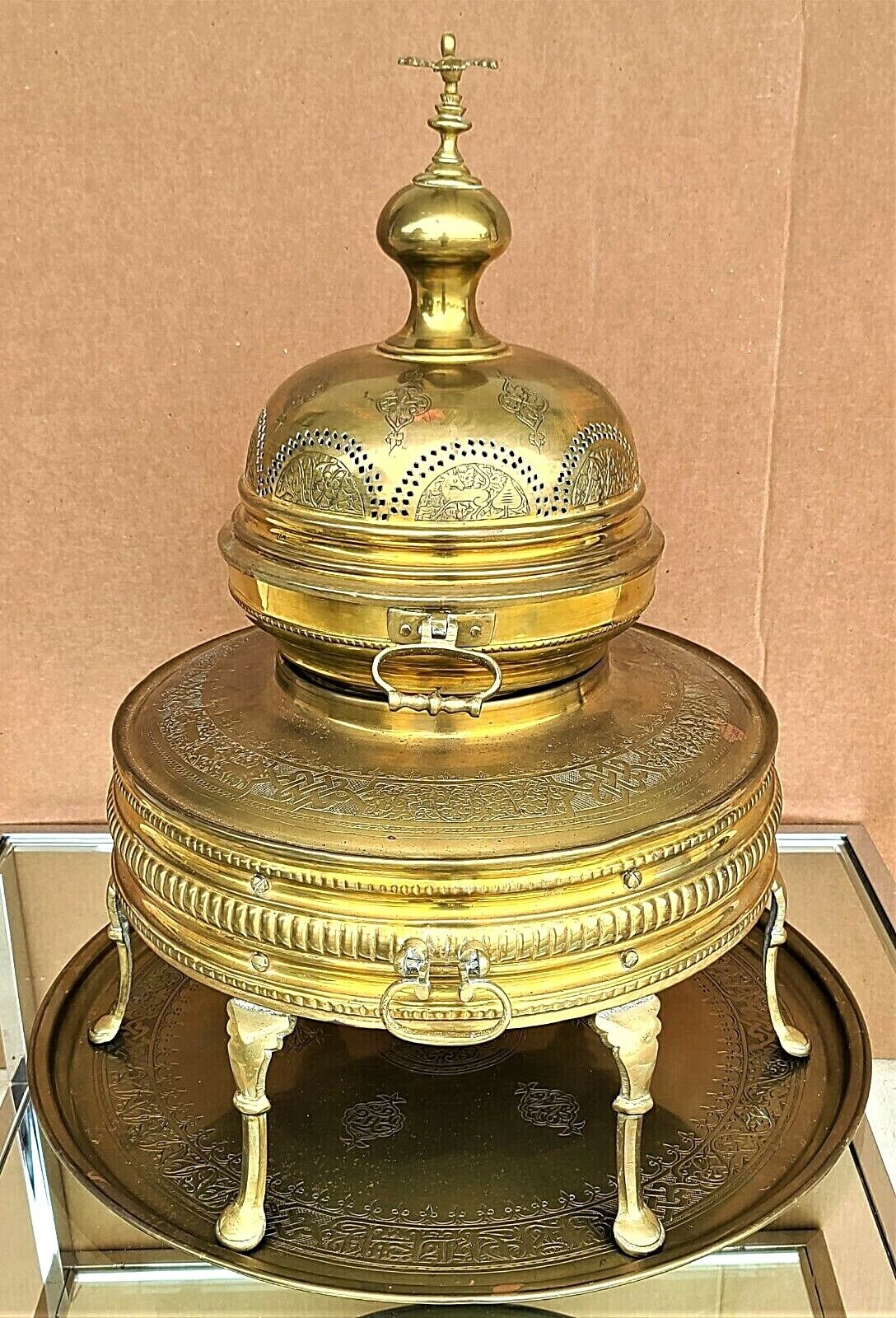 Large 30" Antique c 1900 Arabic Fire Pit Ceremonial Brazier with Matching Tray