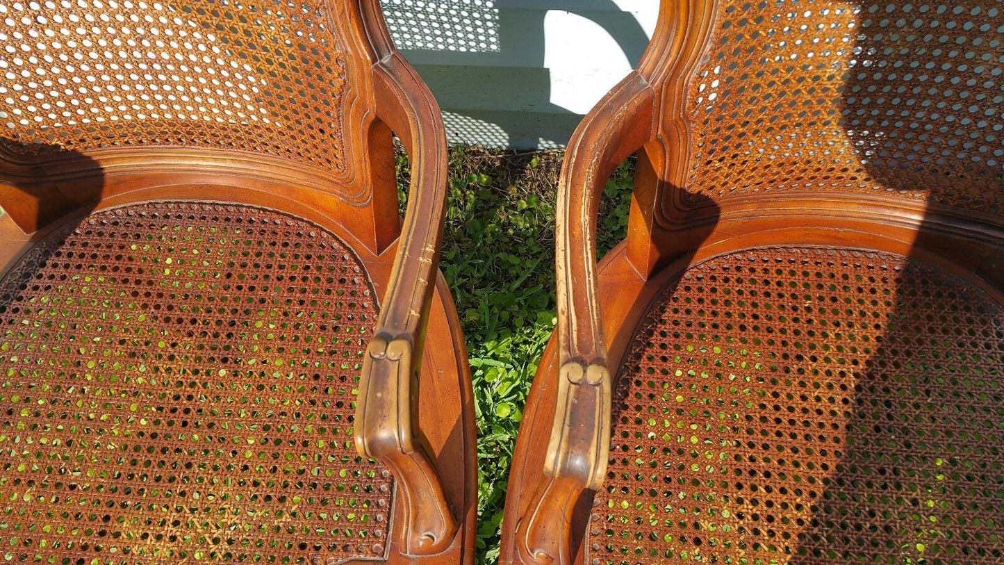 Pair of Vintage Louis XV French Provincial Country Cane Back & Seat Armchairs