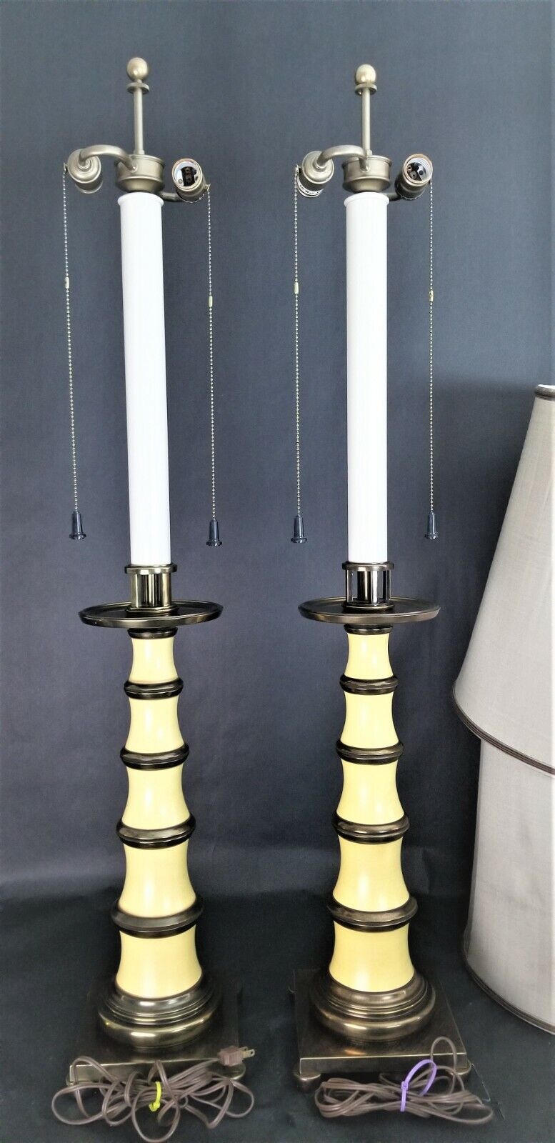 2 Vintage STIFFEL Enamel and Brass Candlestick Lamps with Dupioni Silk Shades