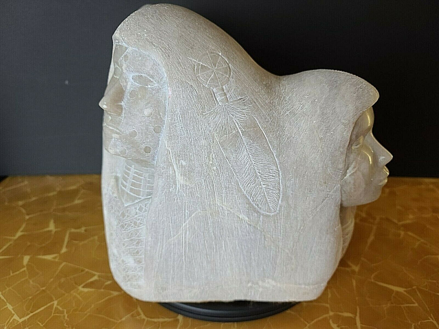 Monumental Signed Native American Alabaster Sculpture Man Woman Child Village