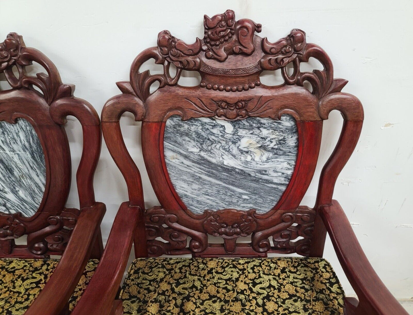 Mid Century Chinese Asian Rosewood & Marble Armchairs - A Pair
