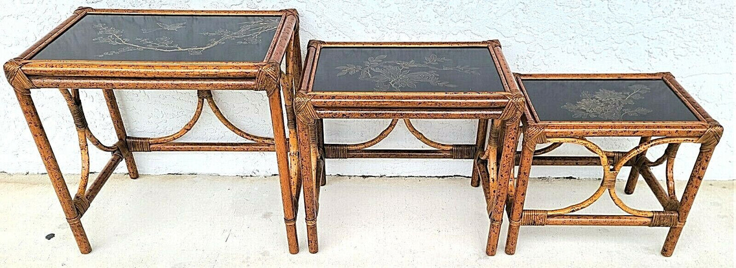 (3) Vintage Tiger Bamboo Rattan Nesting Tables