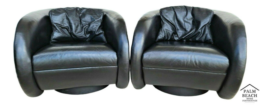 Mid Century Modern Black Leather Swivel Barrel Lounge Chairs by PREVIEW - A Pair