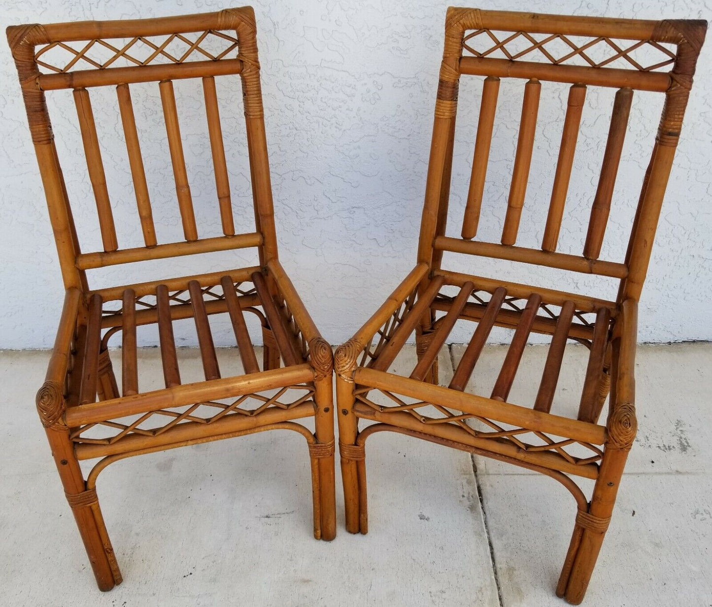 (2) Vintage MCM Bamboo Rattan Side Dining Accent Chairs