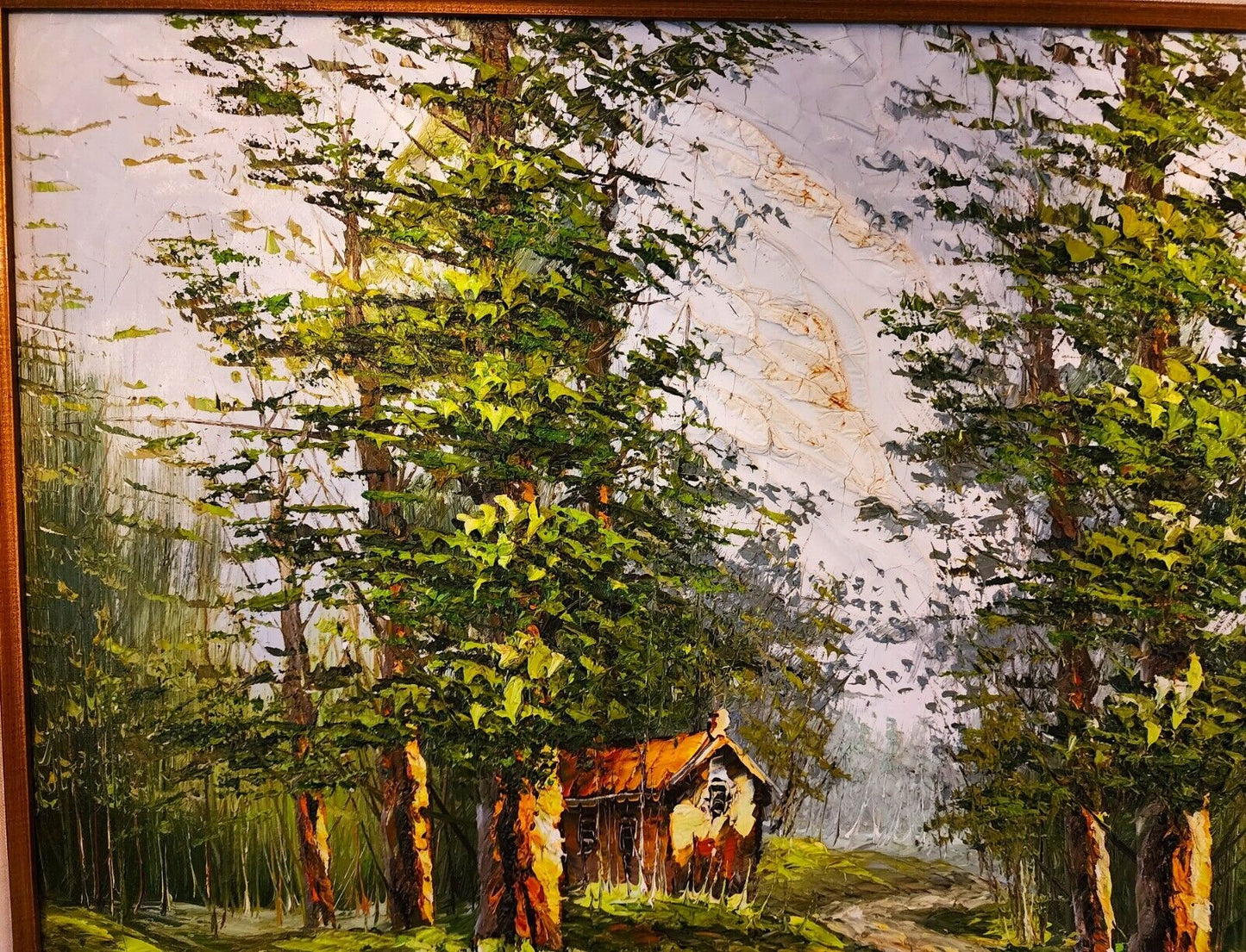 Landscape Oil Painting Signed DORFMAN Vintage Cabin in Woods