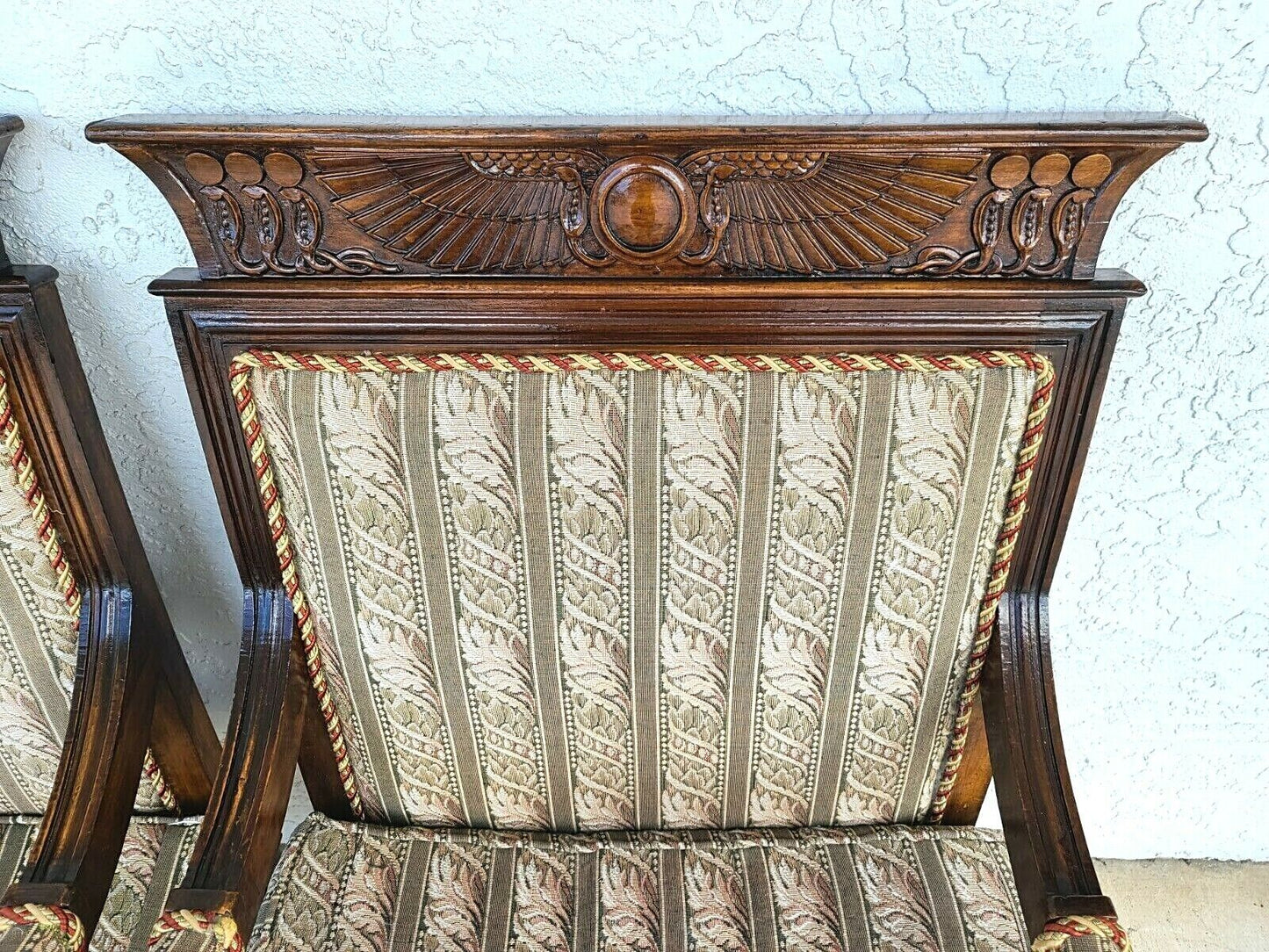 Egyptian Revival Carved Cobra & Isis Wings Mahogany Armchairs - A Pair