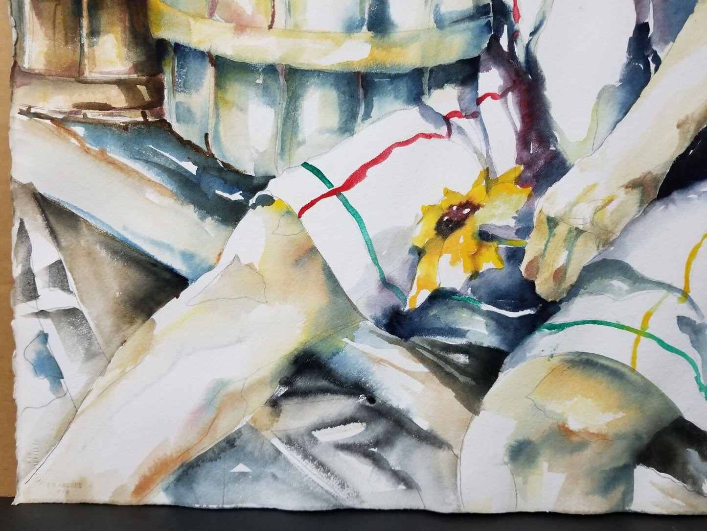 Large Original Watercolor Painting of Girl Selling Fruit Vegetables 30" x 22"