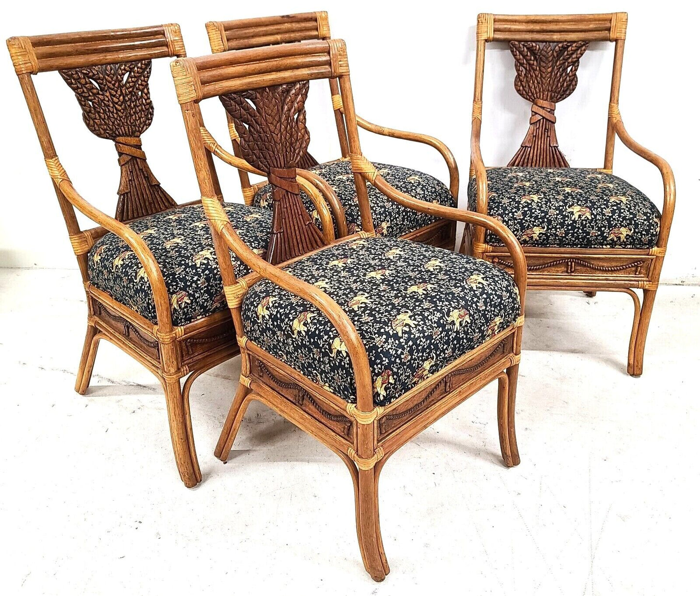 (4) Vintage Bamboo Bentwood Rattan Wheat Back Dining Armchairs
