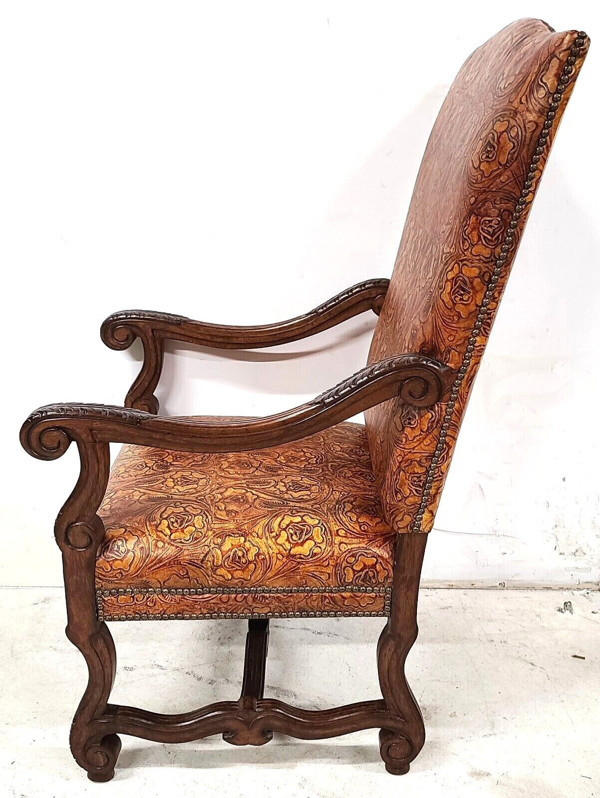 Antique French Hand Colored Tooled Leather Throne Armchair