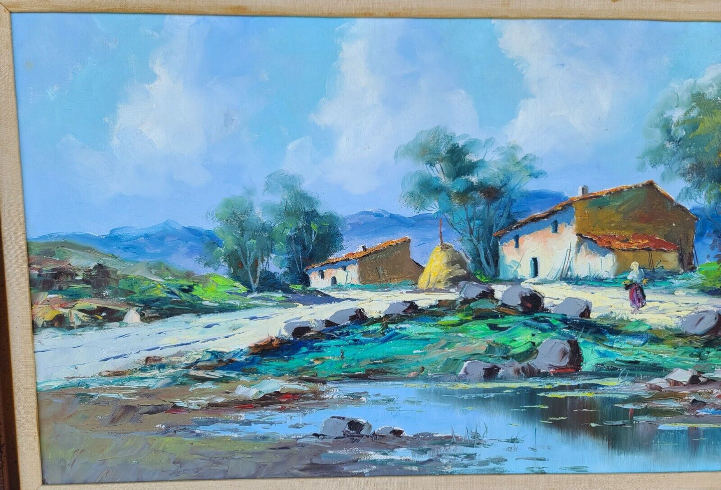 Vintage Signed Cityscape Village Landscape Oil Painting Framed