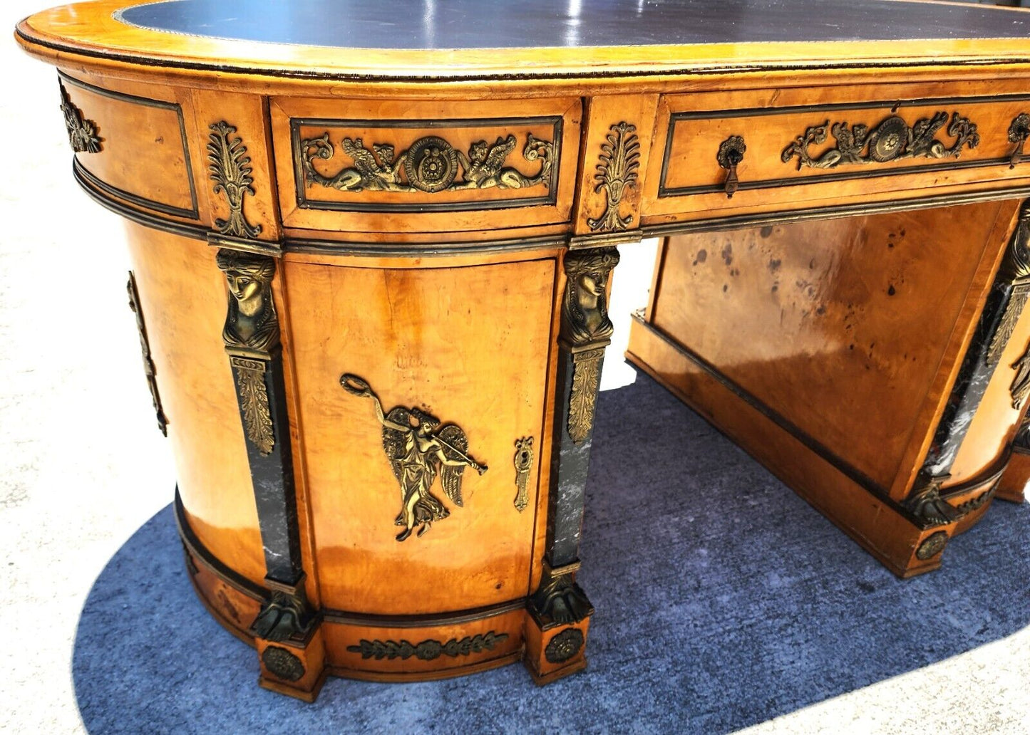 French Louis XV Style Ormolu Olive Birdseye Maple Desk