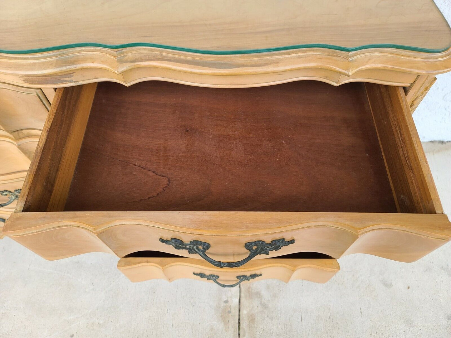 Vintage Dresser Olive Burl Light Wood French Louis XV Sculpted Glass Top