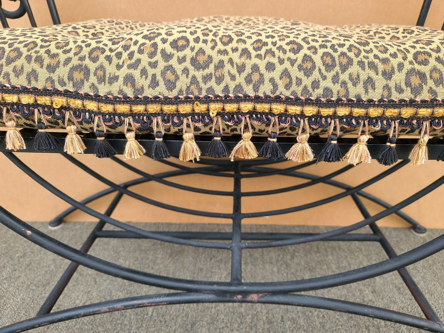 Vintage Italian Scrolled Wrought Iron Bench with Tasseled Faux Leopard Cushion