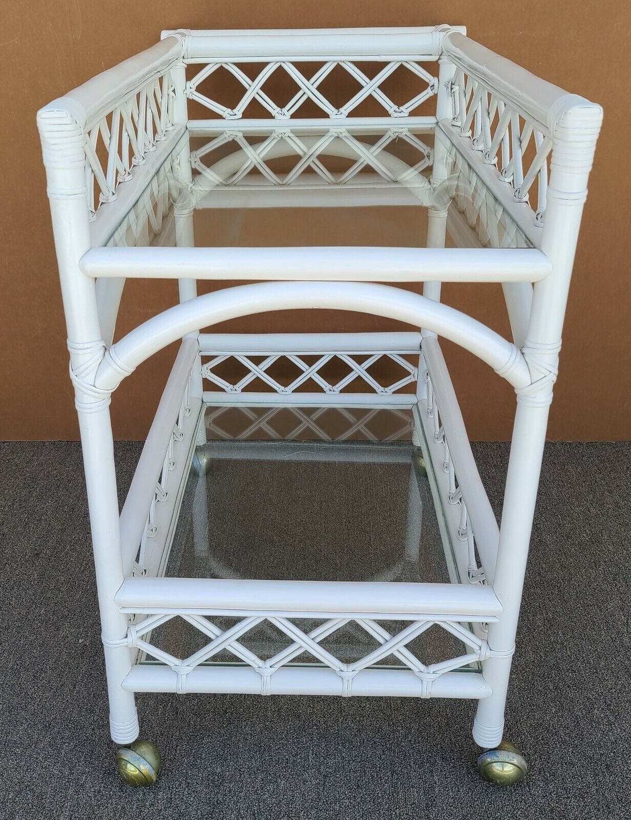 Vintage Palm Beach Coastal Bamboo & Glass 2 Tier Dry Bar Serving Cart Trolley