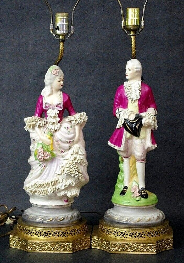 Vtg Pair Dresden Continental Chantilly Figural Victorian Porcelain Table Lamps