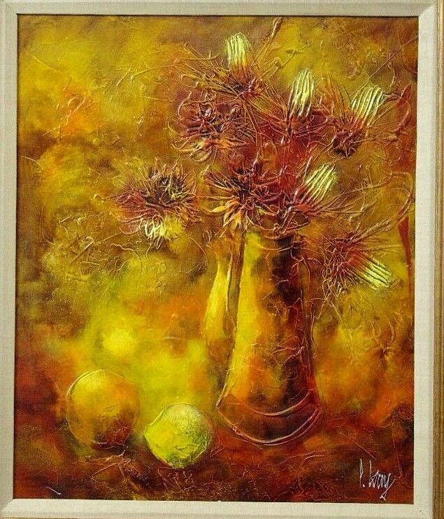 Vtg Signed P Leroy Still Life Impasto Impressionist Flowers Oil Painting Canvas