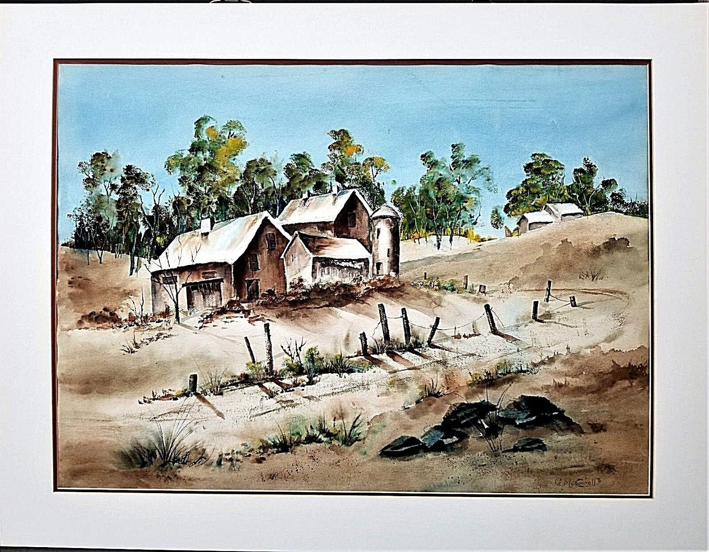 Original Signed G McCONNELL Landscape Farmhouse Watercolor Painting
