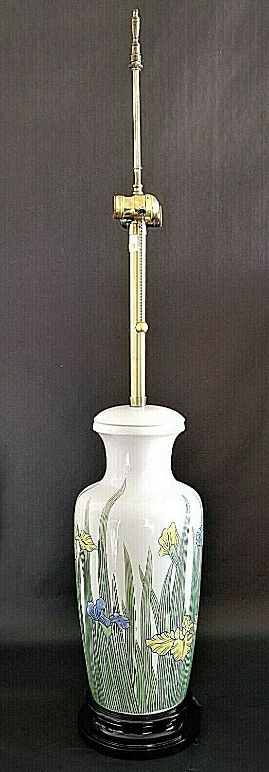 Vintage Large 43" MARBRO White Ceramic Lamp with Yellow and Blue Iris' Wood Base