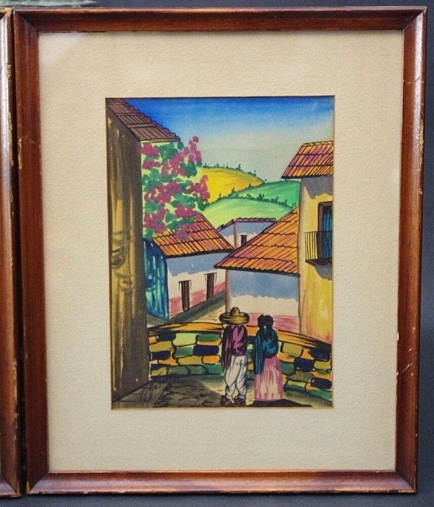 Vtg Mid Century Gouache Watercolor Signed By G Rosales (Mexican) Village 2 Avail
