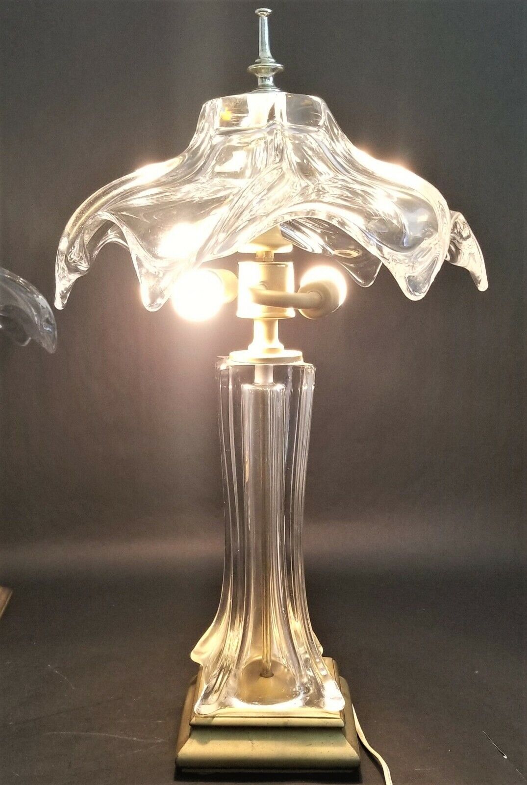 1970's COFRAC ART VERRIER Hand Blown Heavy Crystal and Brass Petite Table Lamp