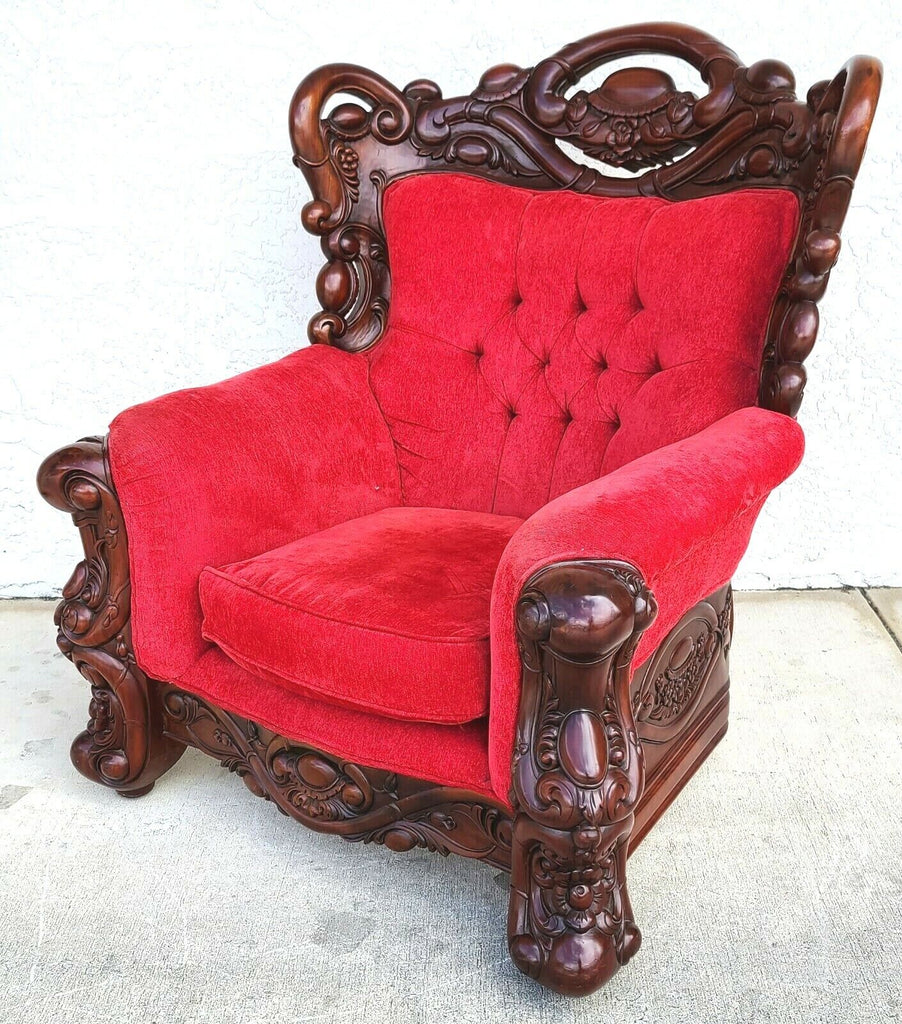 Oversized Asian Chinoiserie Carved Rosewood Armchair