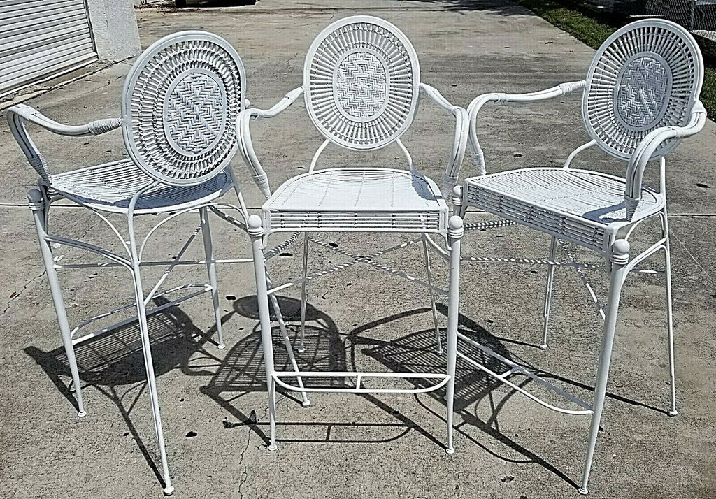 Set of 3 Palm Beach Coastal White Wrought Iron Bar Stools Bamboo Rattan Bentwood