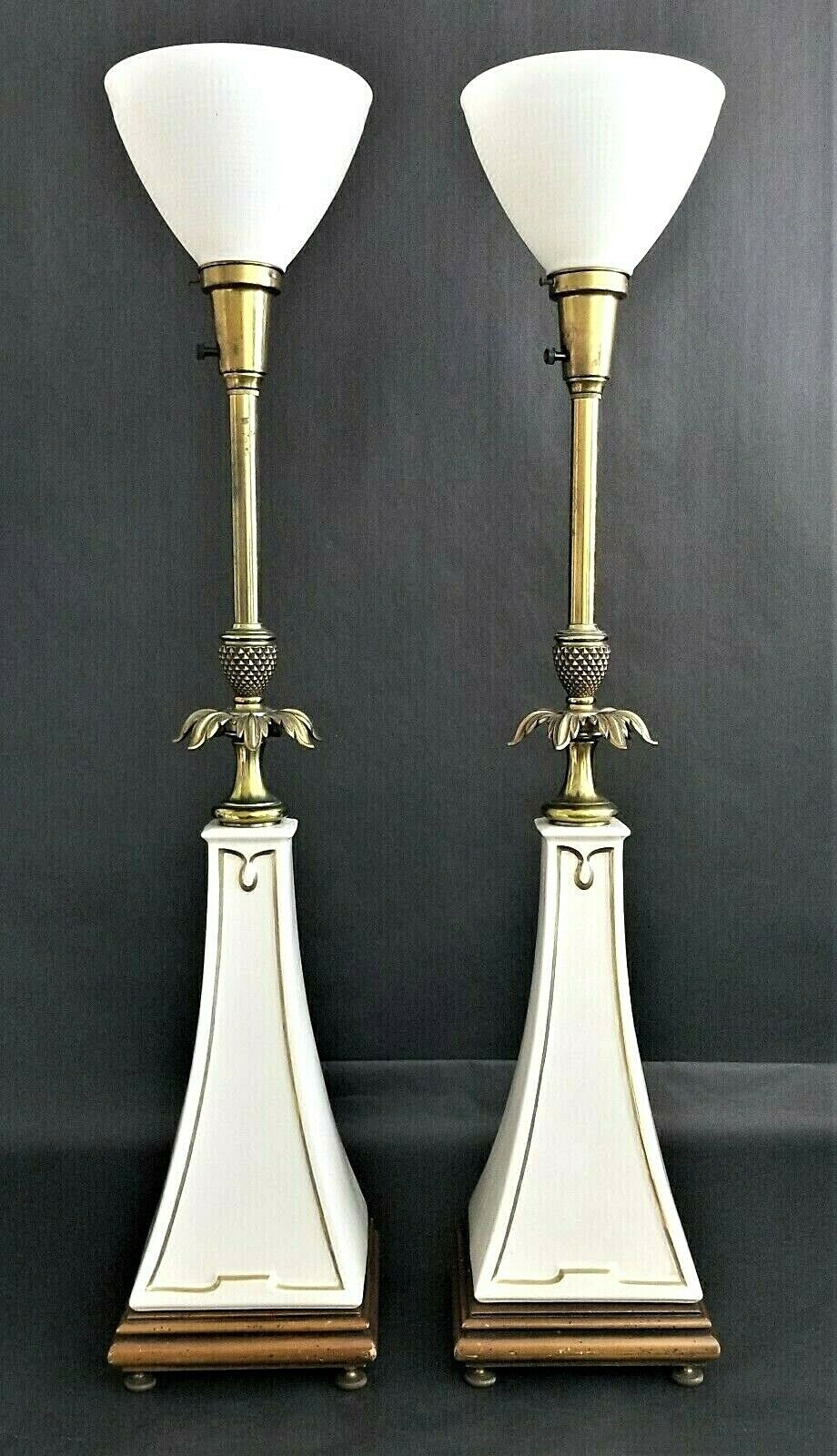 Pair of STIFFEL LENOX Obelisk Torchier Porcelain and Brass Table Lamps