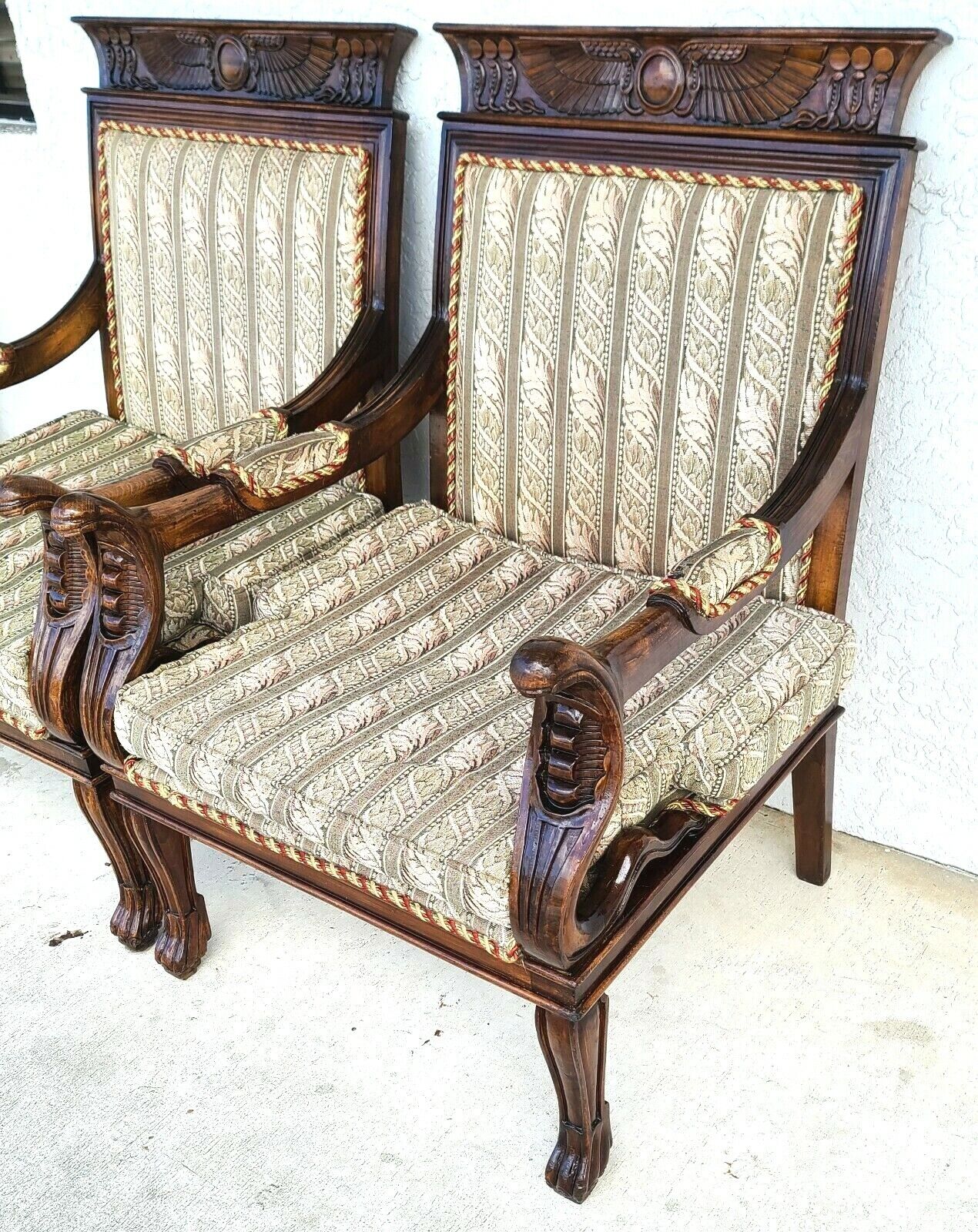 Egyptian Revival Carved Cobra & Isis Wings Mahogany Armchairs - A Pair