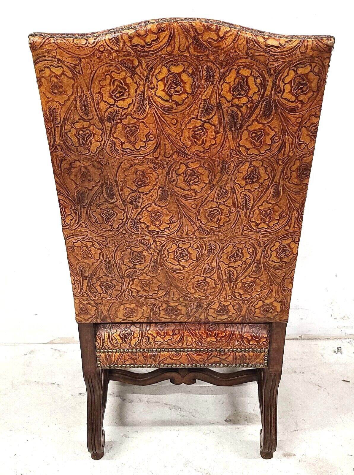 Antique French Hand Colored Tooled Leather Throne Armchair