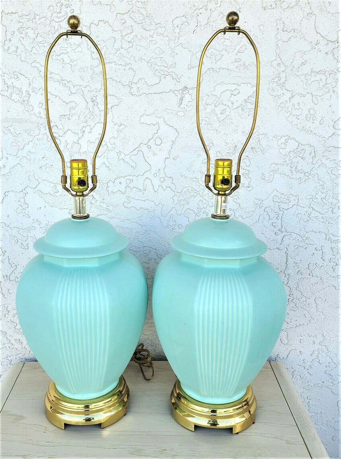 Pair of Asian Chinoiserie Ming Ceramic Ginger Jar & Brass Table Lamps In Aqua