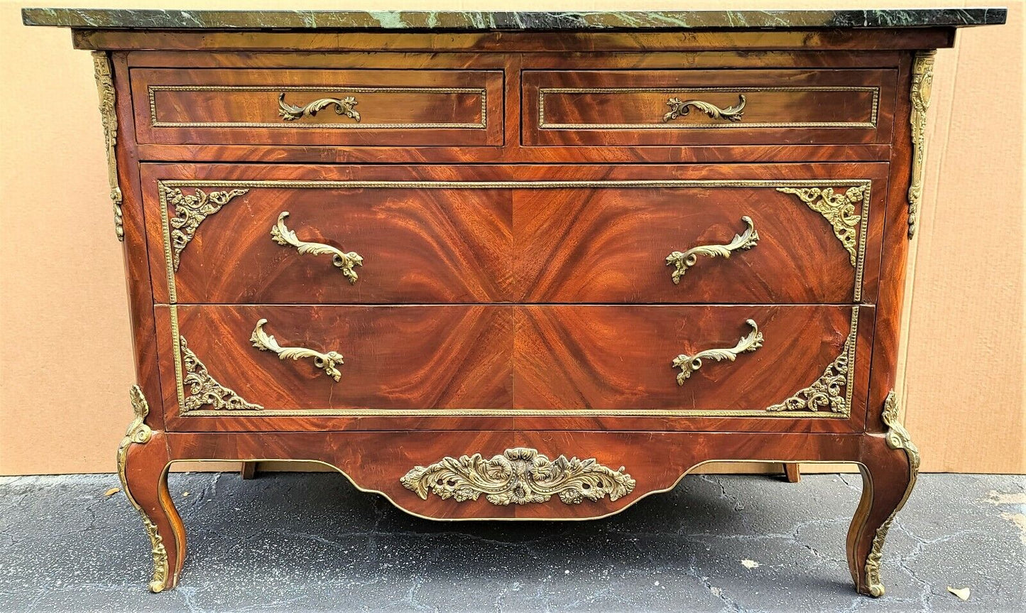 French Louis XV Marble Top Chest Dresser TV Stand with Gilt Ormolu Mounts