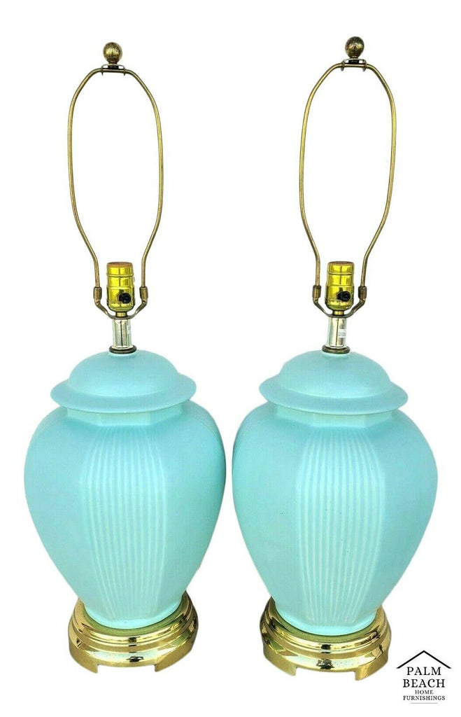 Pair of Asian Chinoiserie Ming Ceramic Ginger Jar & Brass Table Lamps In Aqua