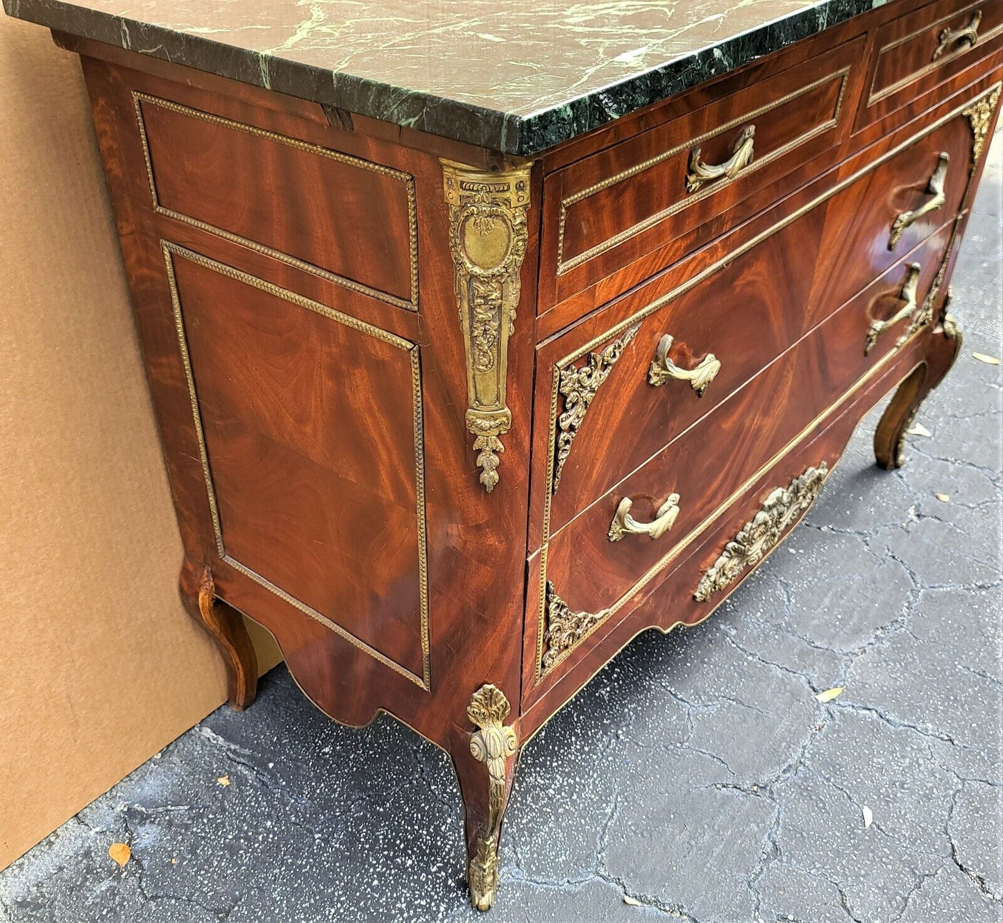 French Louis XV Marble Top Chest Dresser TV Stand with Gilt Ormolu Mounts
