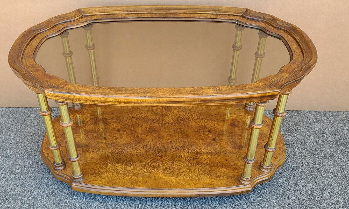 Vtg French DREXEL Et Cetera Rolling Burl Wood Glass Brass Coffee Cocktail Table