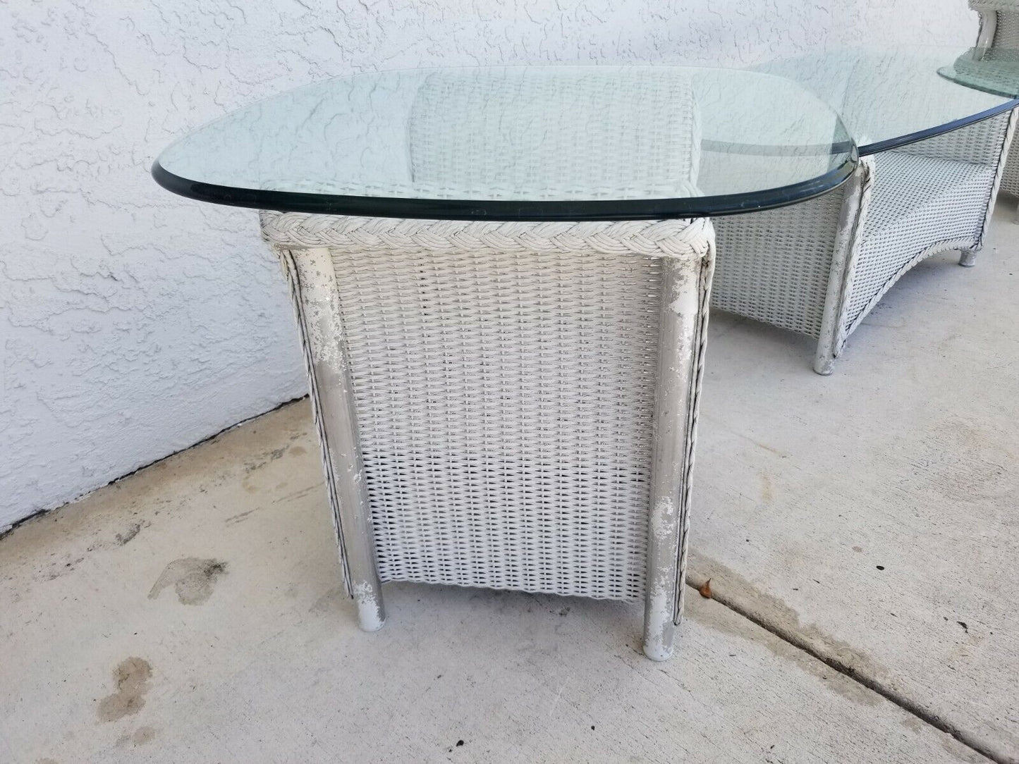 Vintage Set Of 3 LLOYD FLANDERS Loom Wicker Tables w Glass