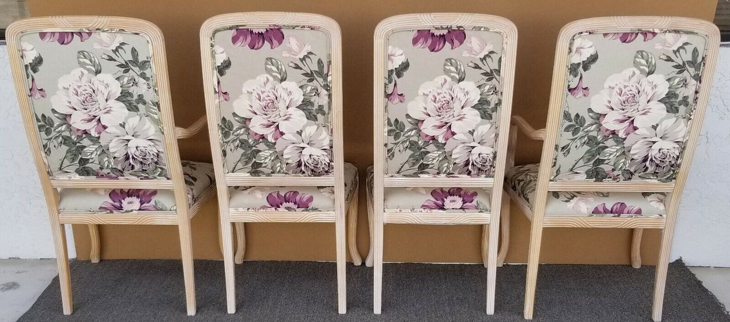 Carved Blonde Solid Wood Chintz Roses Dining Chairs - Set of 4