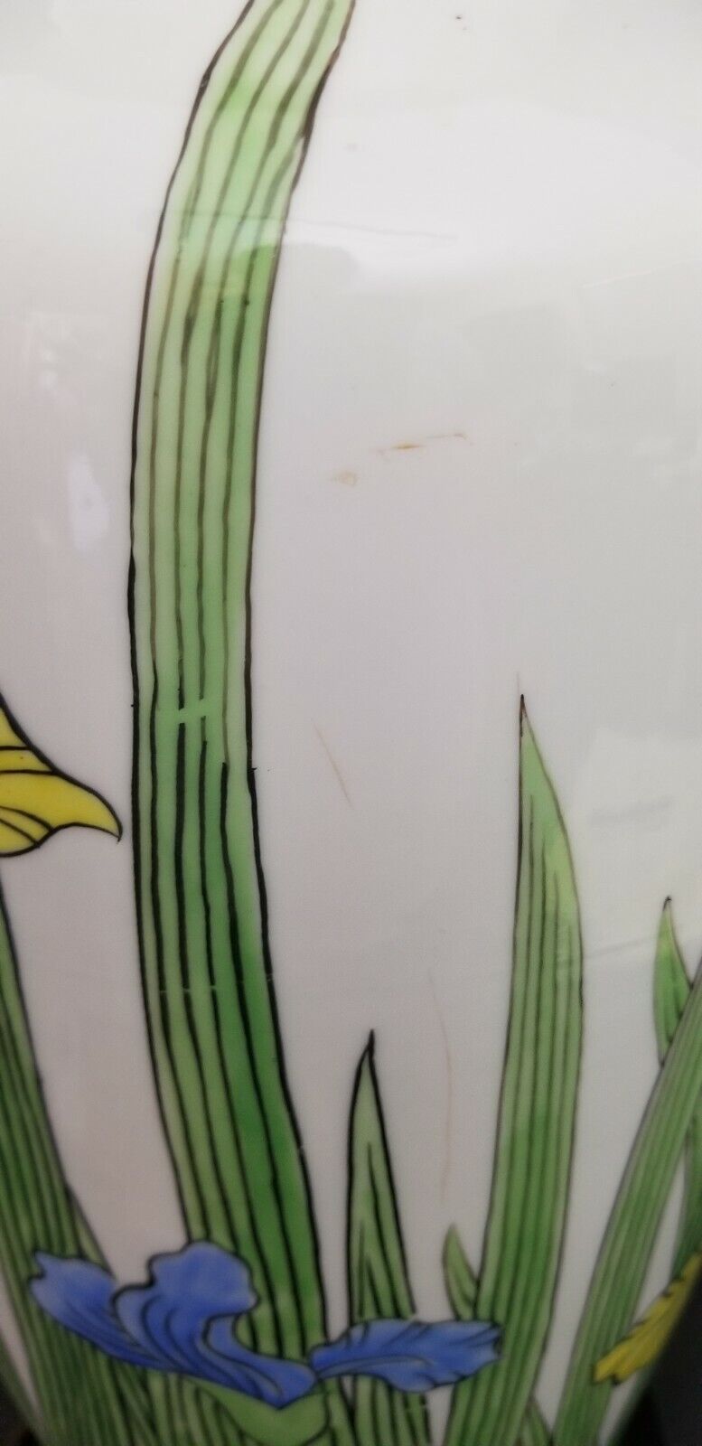 Vintage Large 43" MARBRO White Ceramic Lamp with Yellow and Blue Iris' Wood Base