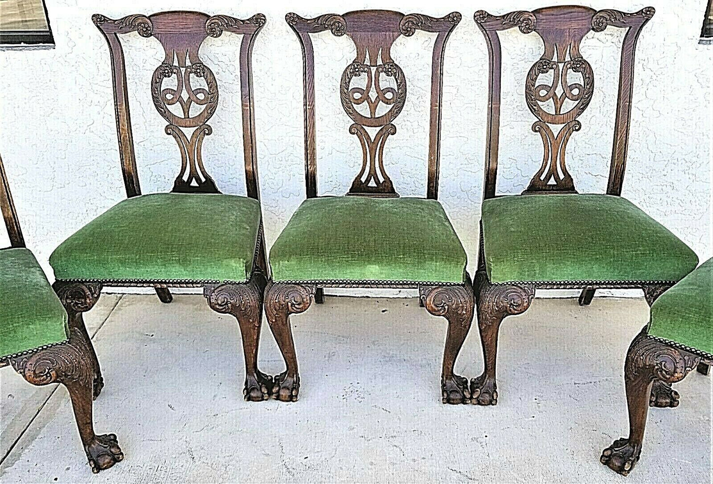 Set of 5 1800's English Oak Hand Carved Ball Claw Chippendale Dining Chairs