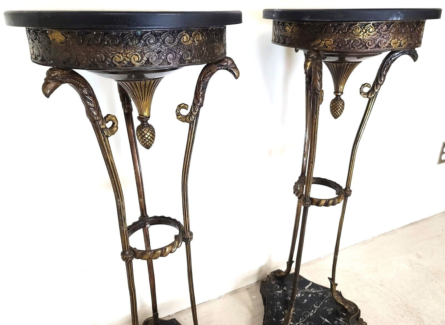 Antique Grand Entrance Italian Brass Griffins & Marble Display Stands - A Pair
