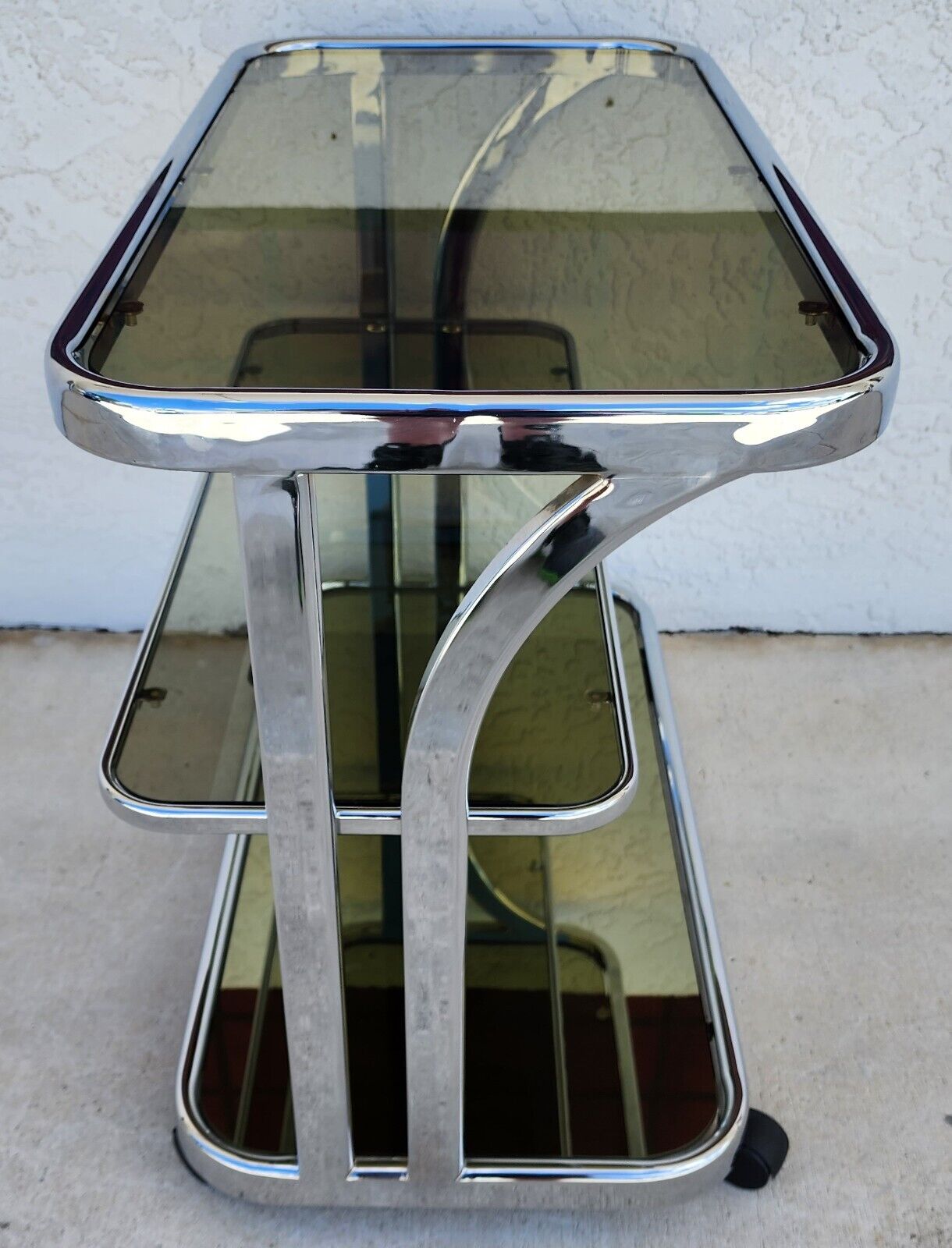 Vintage Chrome Bar Cart Smoked Glass & Mirror Rolling 1980s