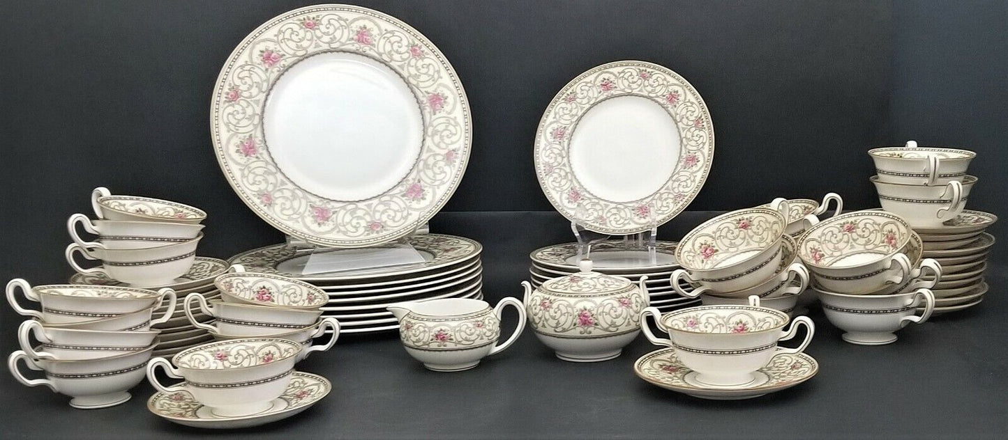 (1) WEDGWOOD Avondale Cream Soup Bowl with Plate Cream With Scrolls and Pink Roses