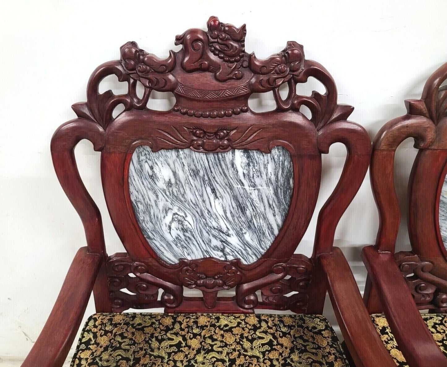 Mid Century Chinese Asian Rosewood & Marble Armchairs - A Pair