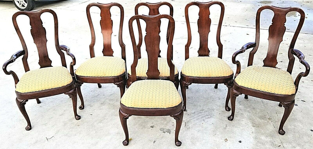 Vintage Solid Mahogany George II Queen Anne Splat Back Dining Chairs - Set of 6