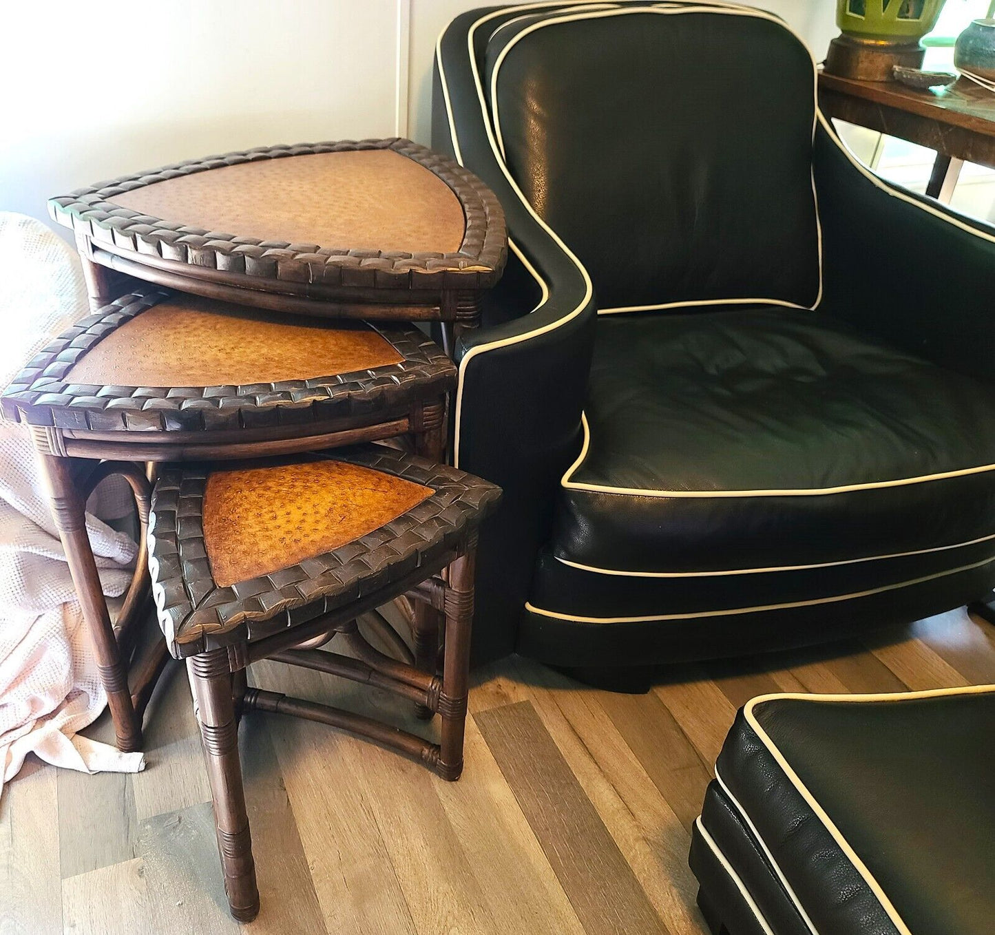 (3) Vintage Bamboo Rattan Coconut Shell Ostrich Nesting Tables