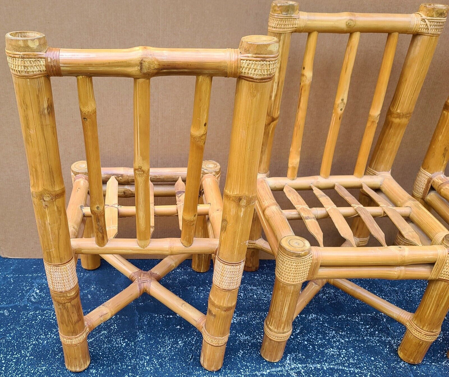 (6) Vintage Elephant Bamboo Rattan Wicker Dining Chairs with Cushions by HEINSA