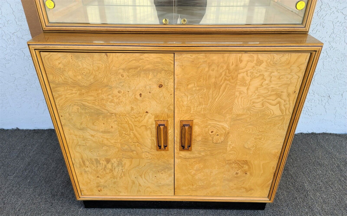 70's Milo Baughman Style HENREDON Scene Two Olive Burl Display Cabinet Case 2 Pc