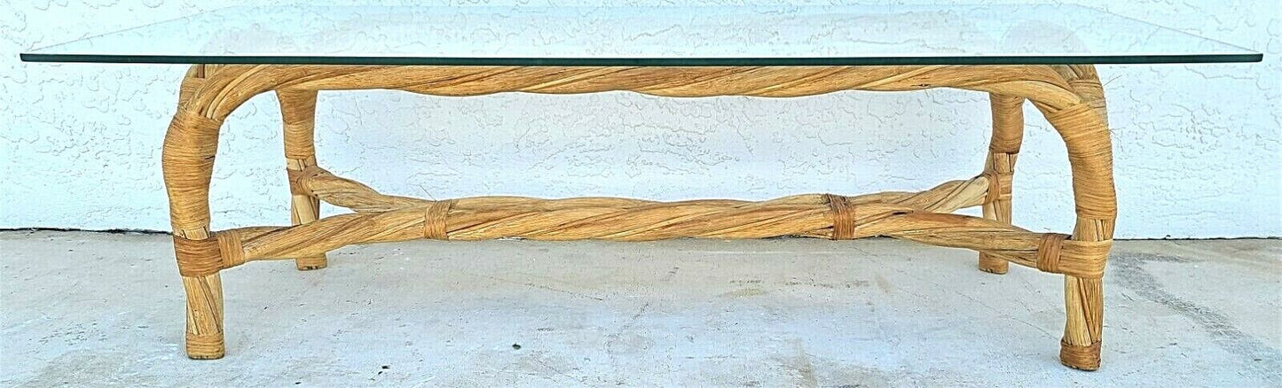 Organic Modern Coastal Twisted Braided Bentwood & Rattan Glass Top Coffee Table