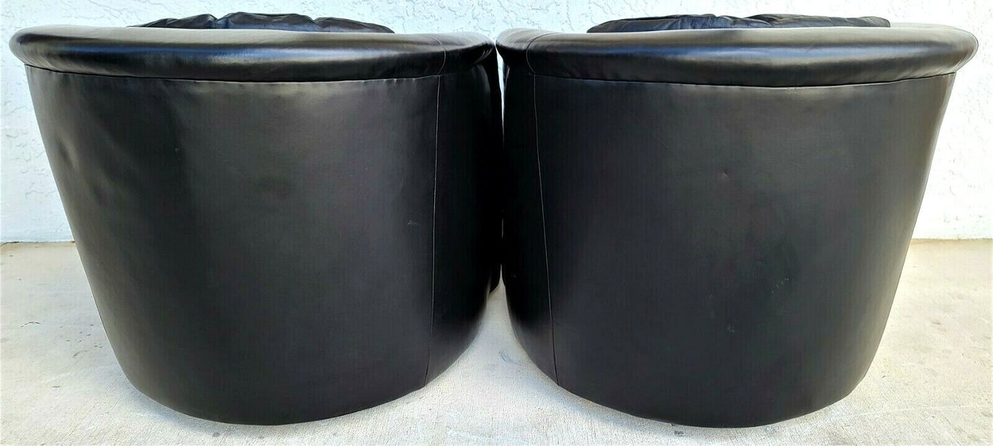 Mid Century Modern Black Leather Swivel Barrel Lounge Chairs by PREVIEW - A Pair