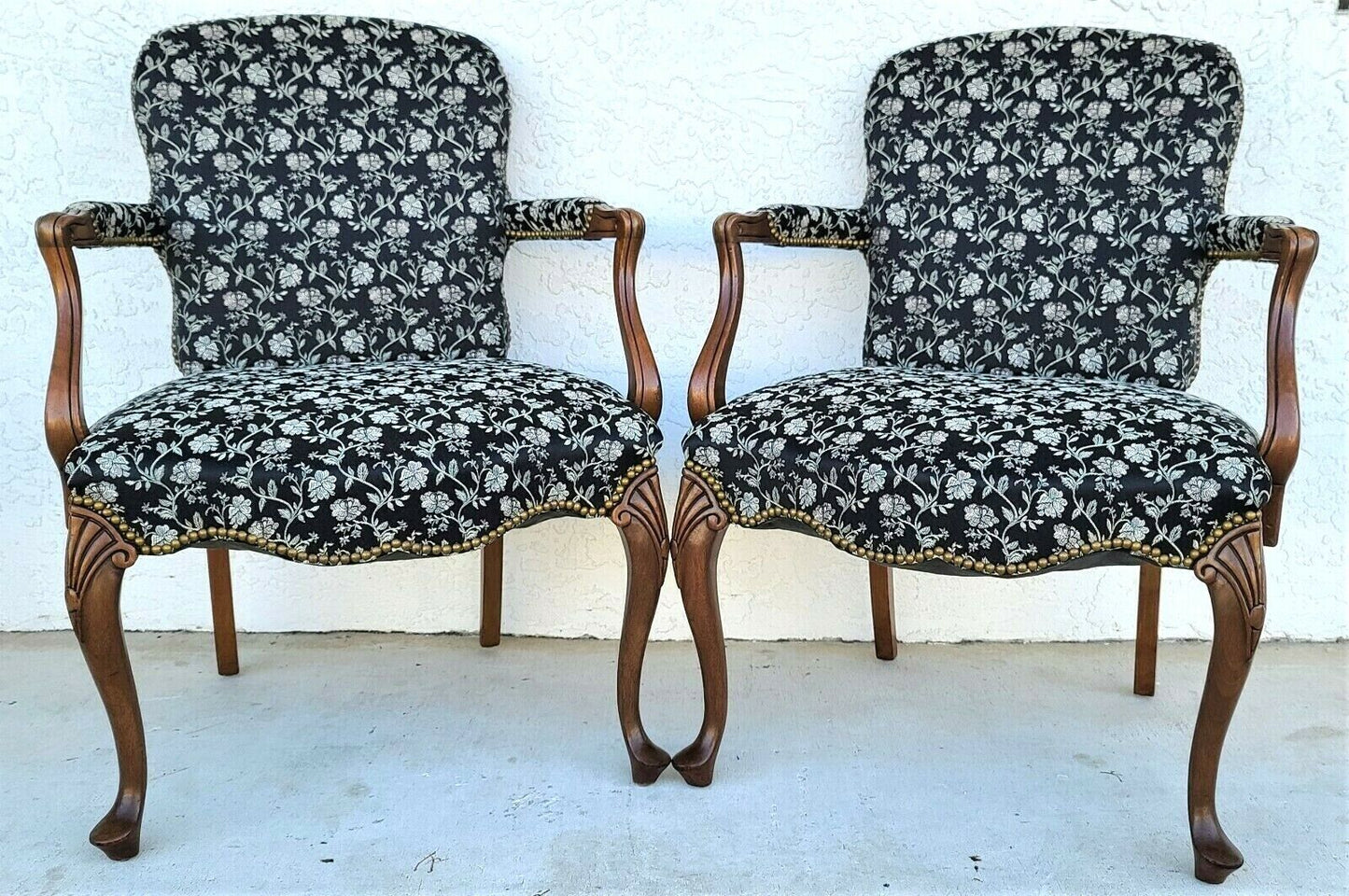 Vintage French Country Provincial Walnut Fauteuil Armchairs - A Pair