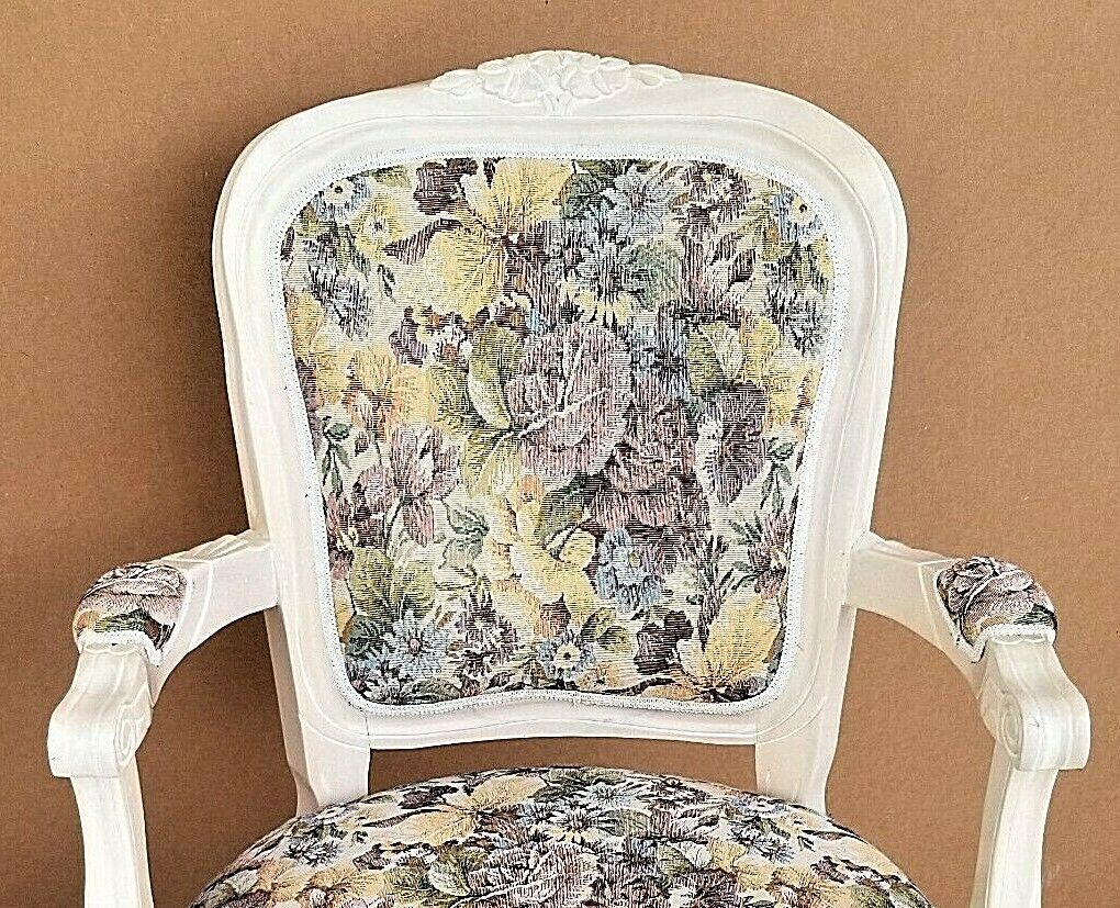 (2) Vintage Shabby Chic French Provincial Pearled Fauteuil Floral Tapestry Armchairs